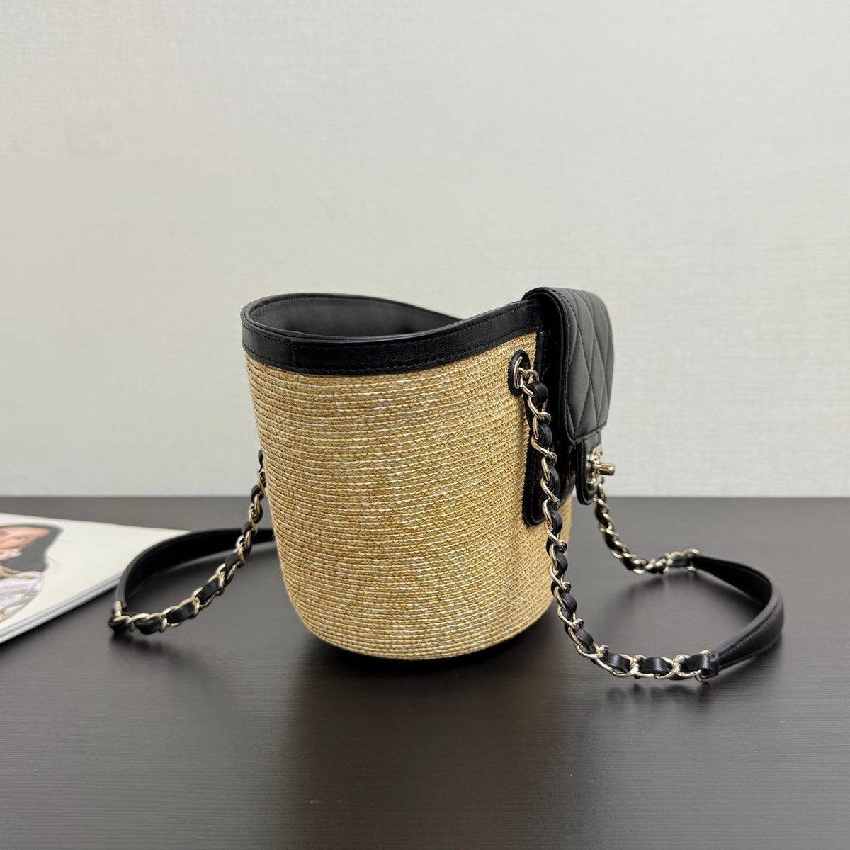 Chanel 2026 Shopping Bag 34cm Beige Black Straw Lambskin