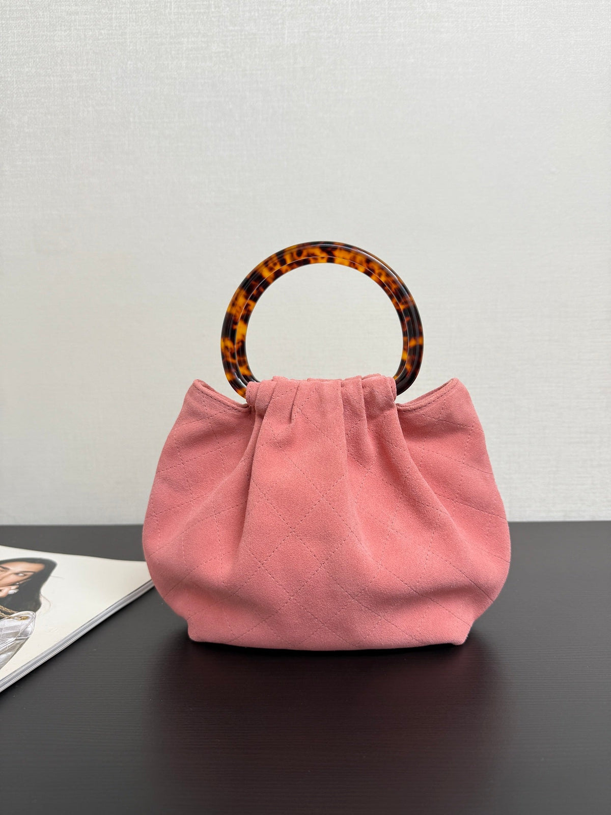 Chanel 2026 Pouch 24cm Pink Tortoiseshell Suede Effect Plexi