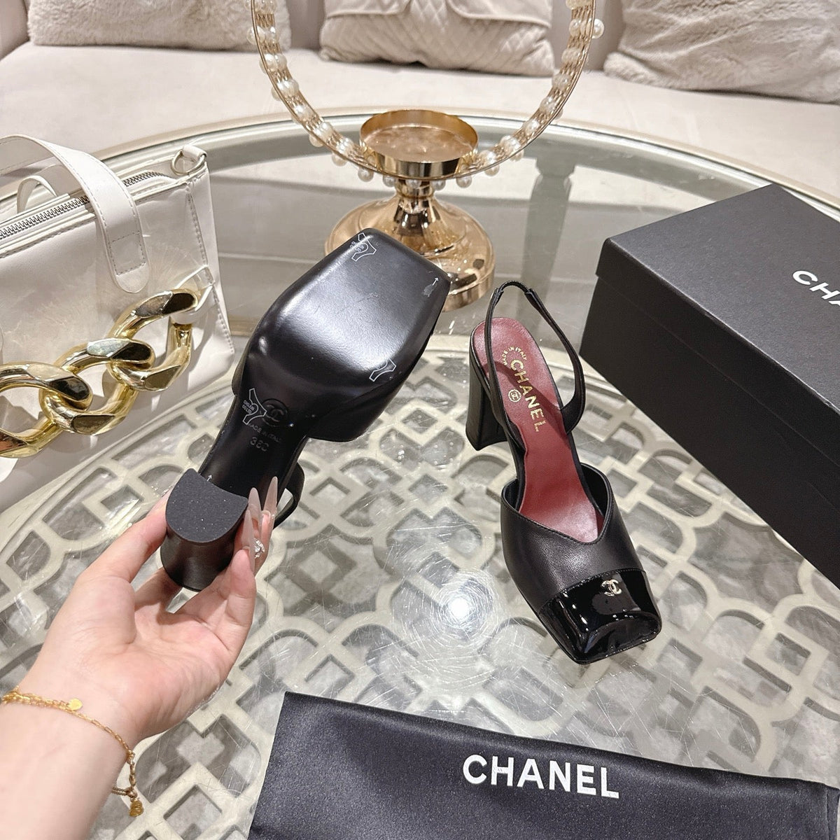 CC 26s Square-Toe High-Heeled Slingbacks 9cm Black Leather 736110