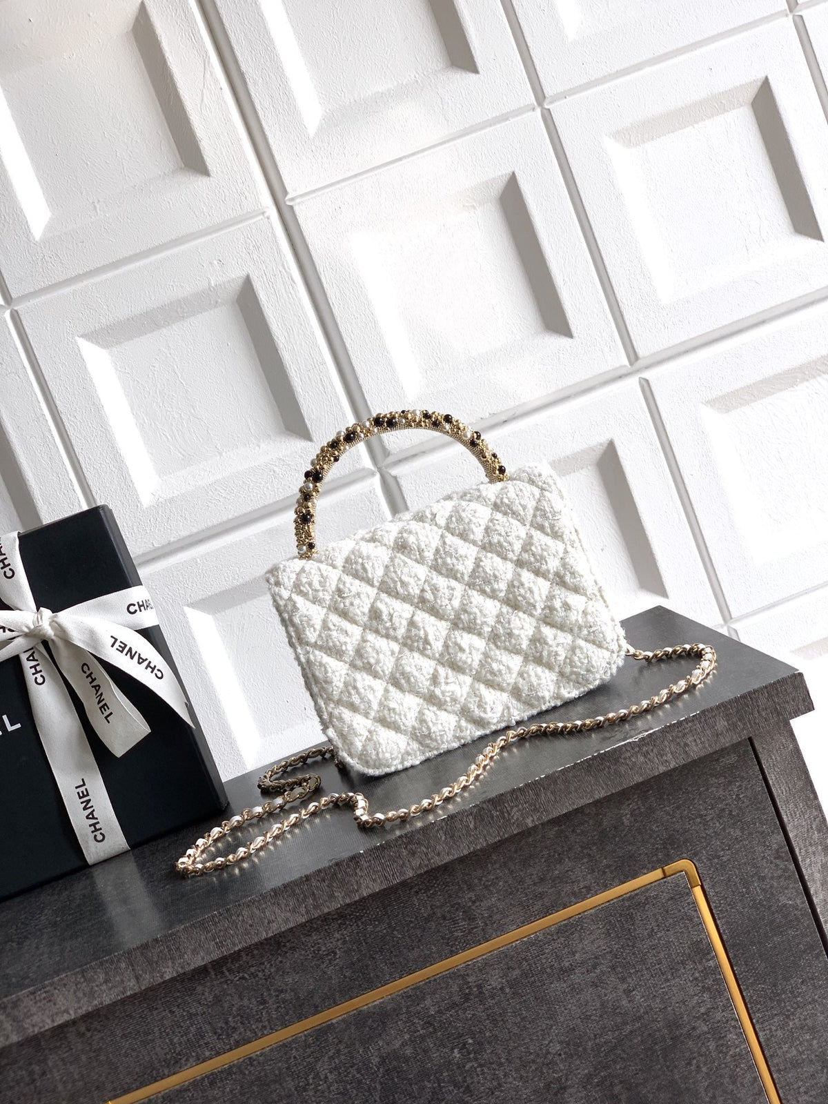 CC Mini Flap Bag 17.5 With Handle White Tweed