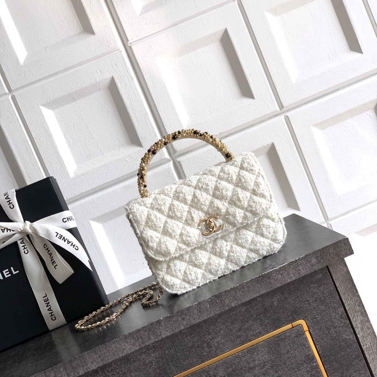 CC Mini Flap Bag 17.5 With Handle White Tweed