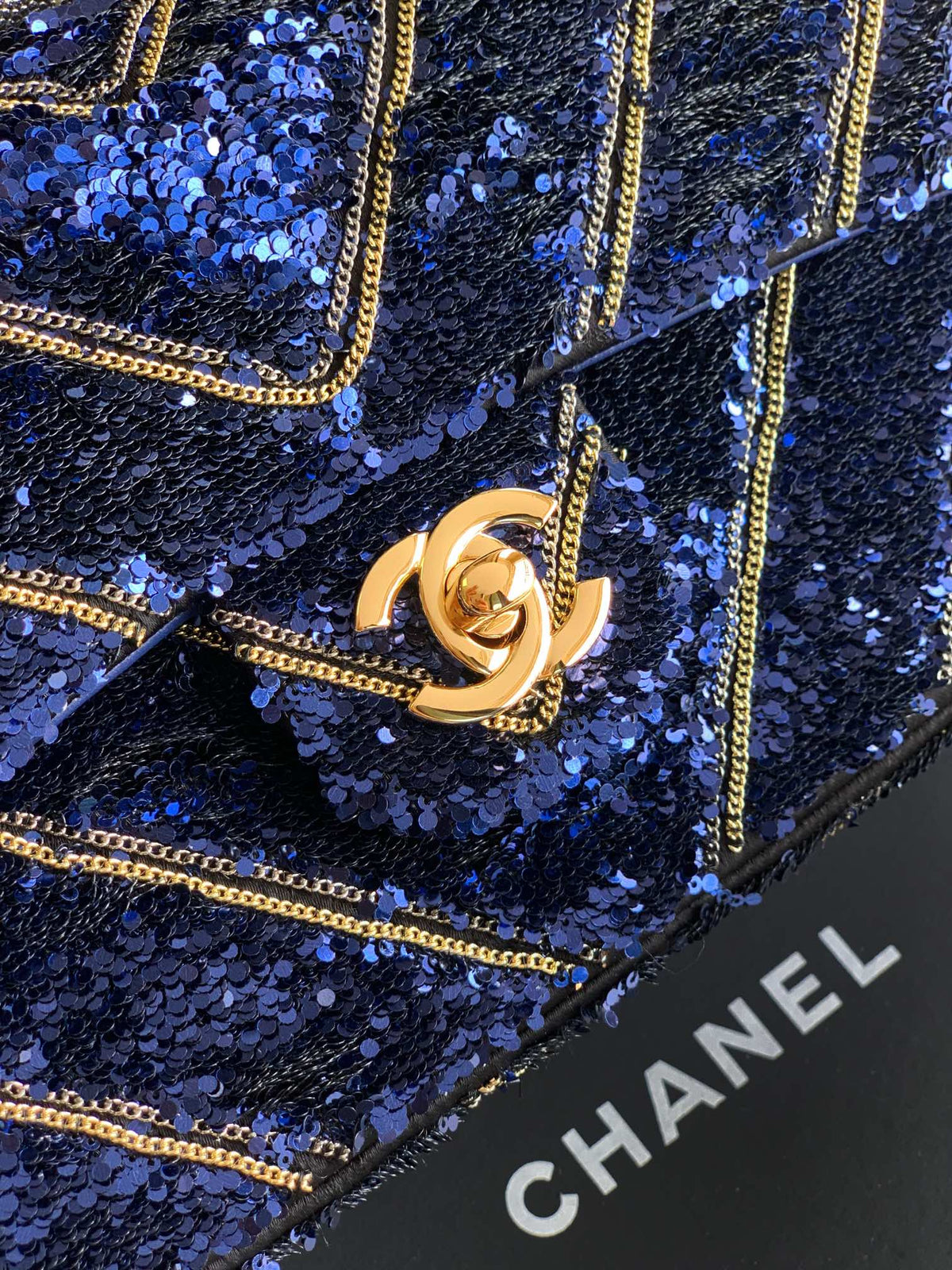 CC 26K Flap Bag 21cm Navy Blue Silk Sequin
