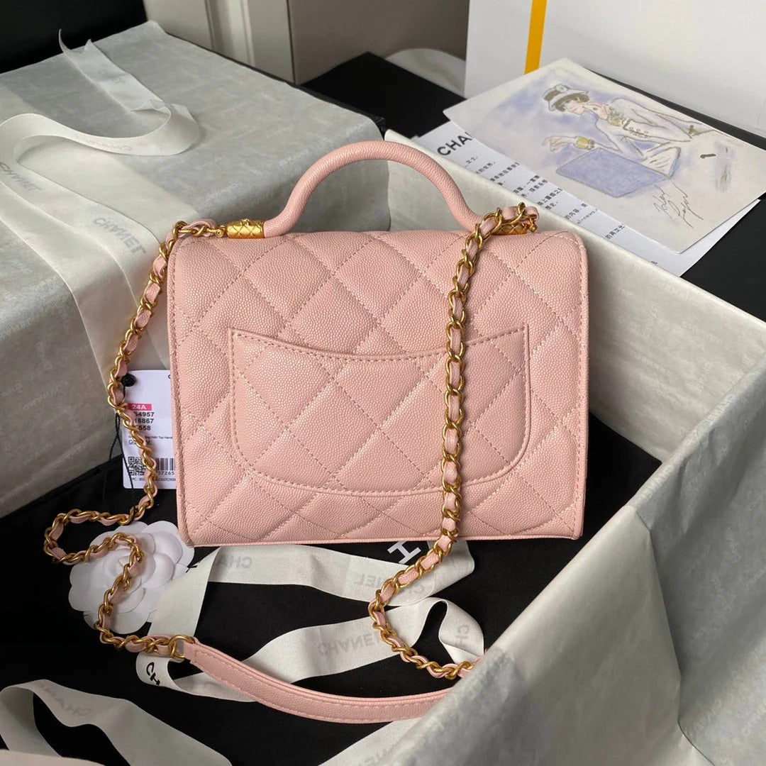 CC  25S FLAP BAG 21 CM IN LIGHT PINK GRAINED LAMBSKIN WITH TOP HANDLE