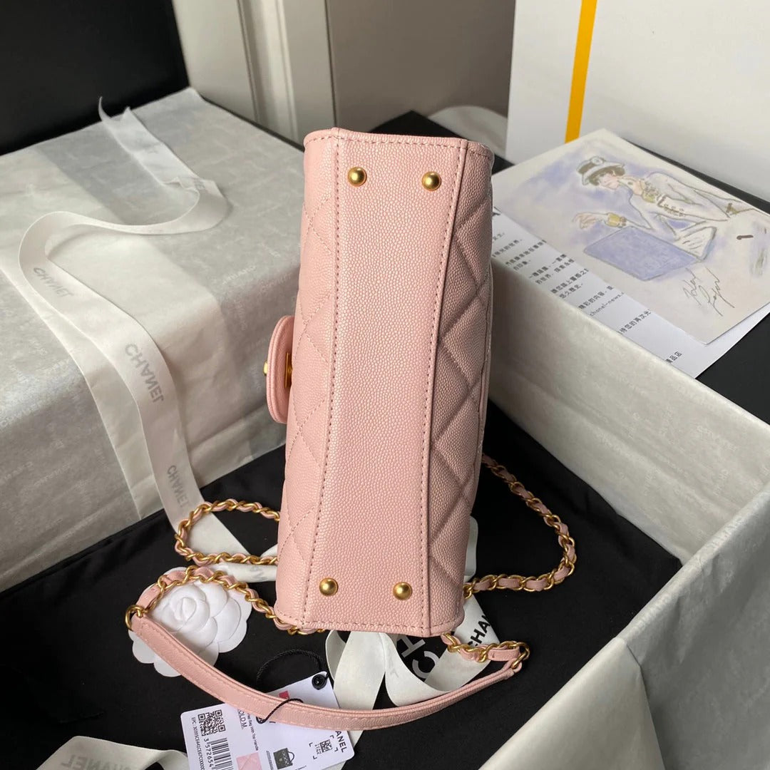 CC  25S FLAP BAG 21 CM IN LIGHT PINK GRAINED LAMBSKIN WITH TOP HANDLE